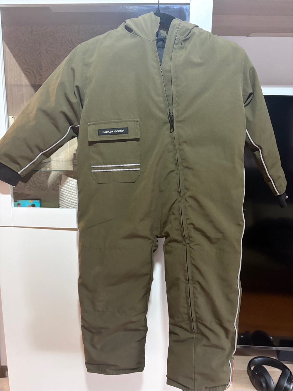 Canada Goose Kids Olive Hooded One-Piece Snowsuit with Reflective Trim
